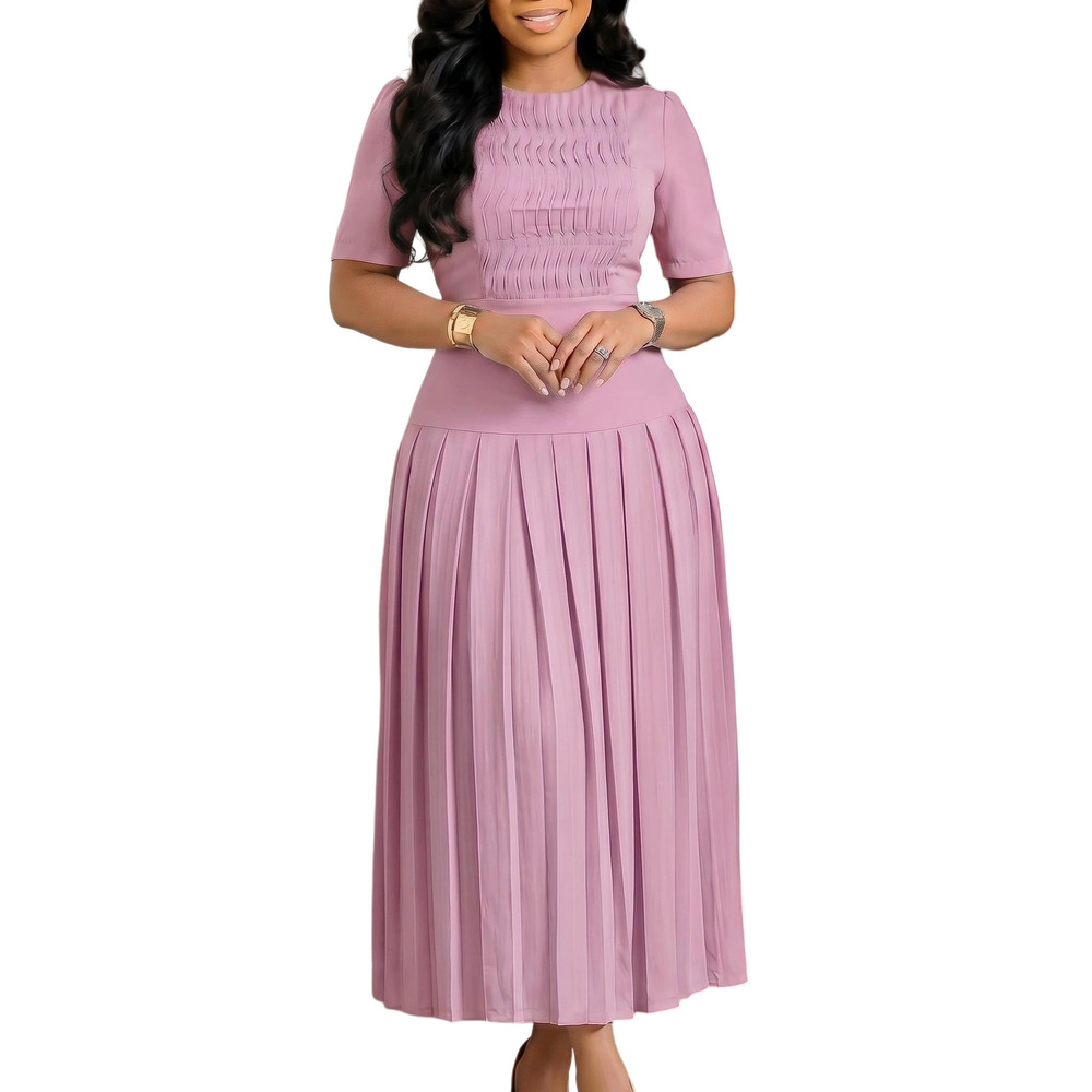 Pleated Round Neck Patchwork Dress - Picture 6 of 9
